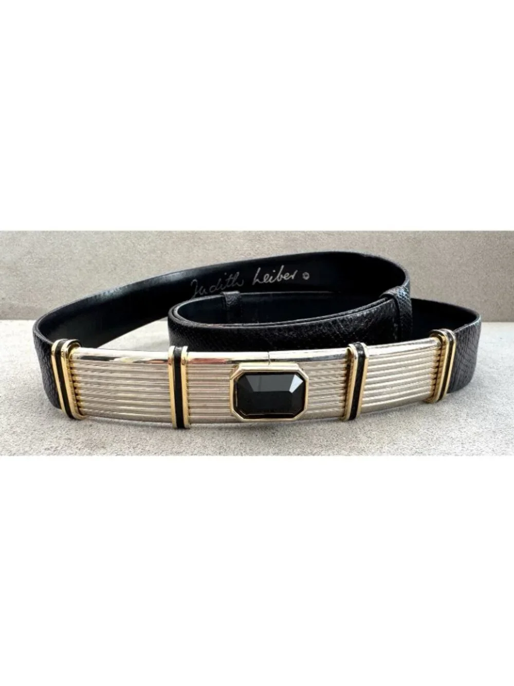 Vtg JUDITH LEIBER Jeweled Buckle Black Snakeskin SKINNY BELT Adjustable to 37